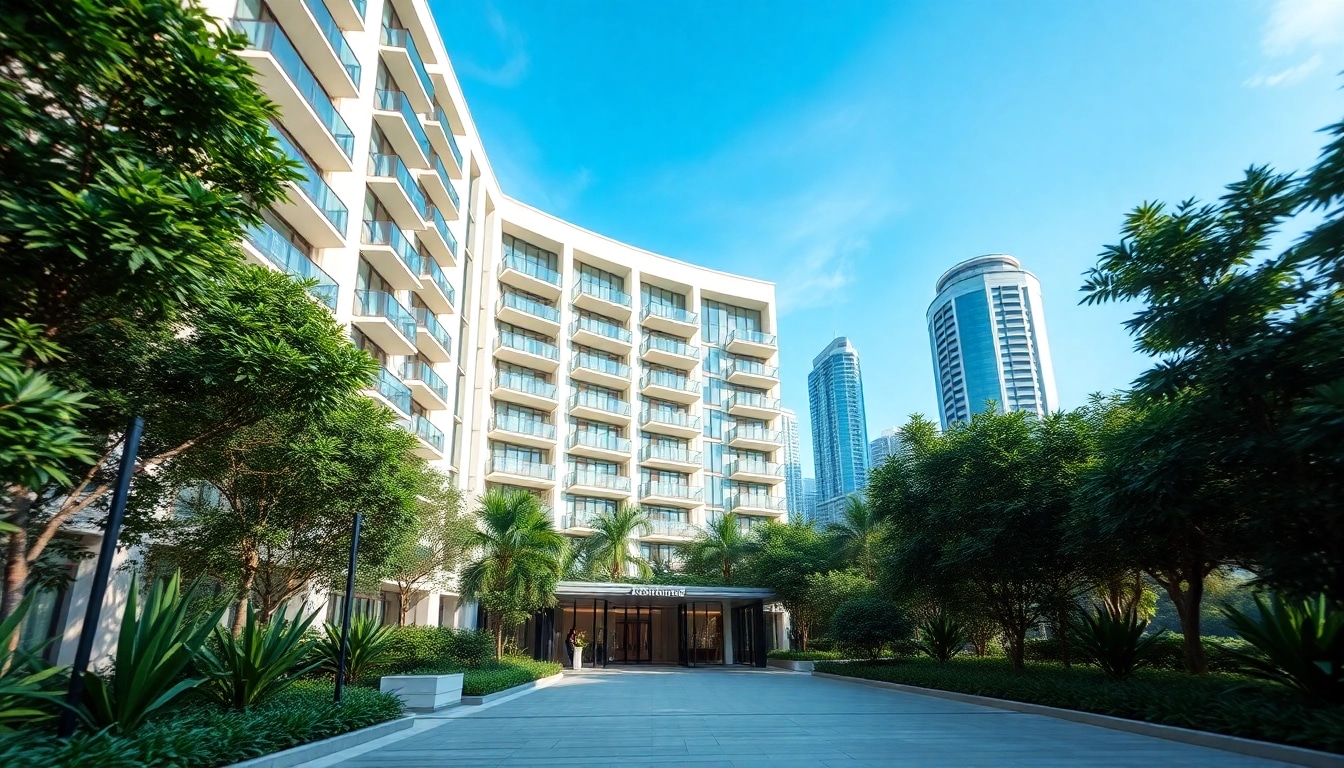 View the modern condominium at https://newdeveloperlaunch.sg surrounded by lush greenery and urban skyline.