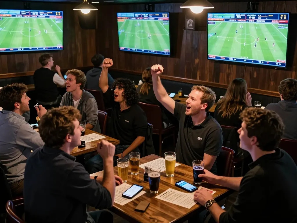 Engaging sports betting atmosphere with tỷ lệ bóng đá trực tuyến displayed on screens, patrons celebrating bets.