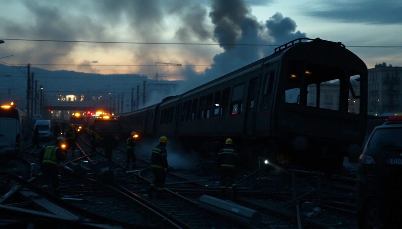spain train crash site with emergency responders aiding survivors amidst wreckage.