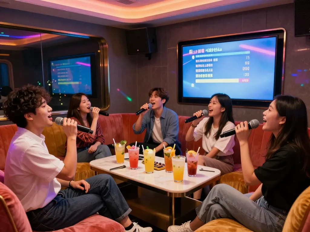 서구청쓰리노 노래방에서 활기찬 밤을 즐기는 친구들, 생동감 넘치는 분위기를 보여줍니다.