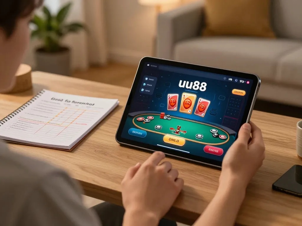 Player engaged in online gambling on uu88 net with tablet and betting notes in a cozy setting.