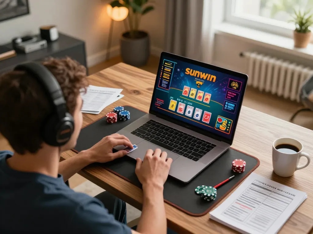 Sunwin online gaming experience with player engaged at home setup, showcasing live dealer table