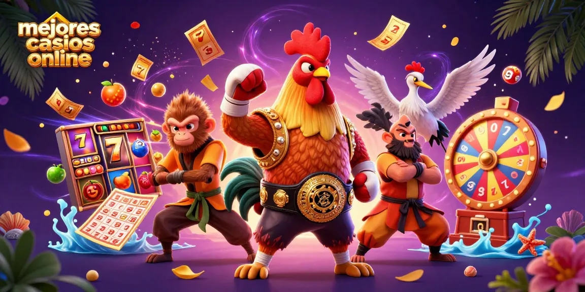 Disfruta de los mejores casinos online con esta vibrante ilustración de personajes y elementos de juego.