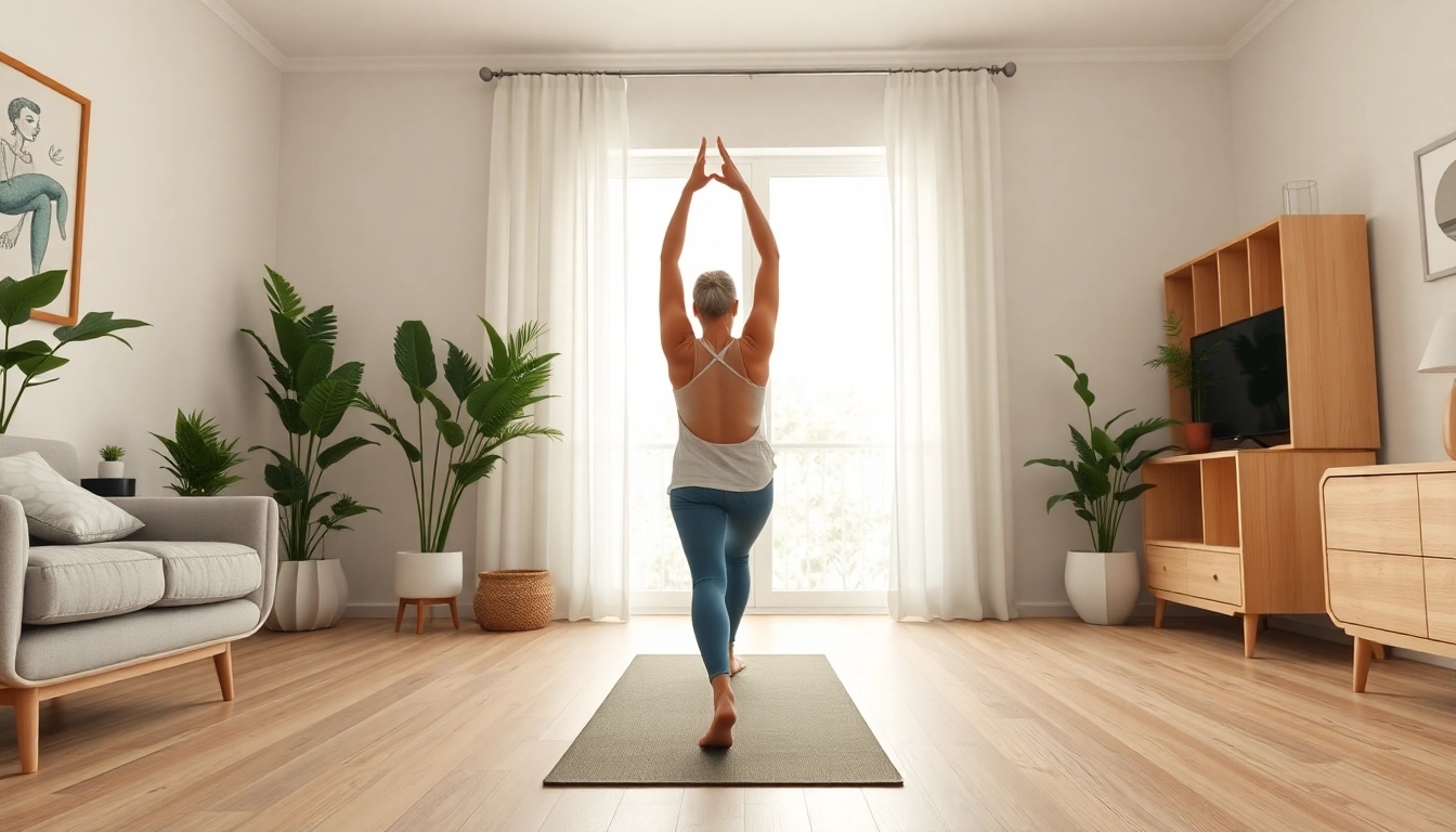 Practicing yoga for a natural back pain solution in a peaceful home office setting.