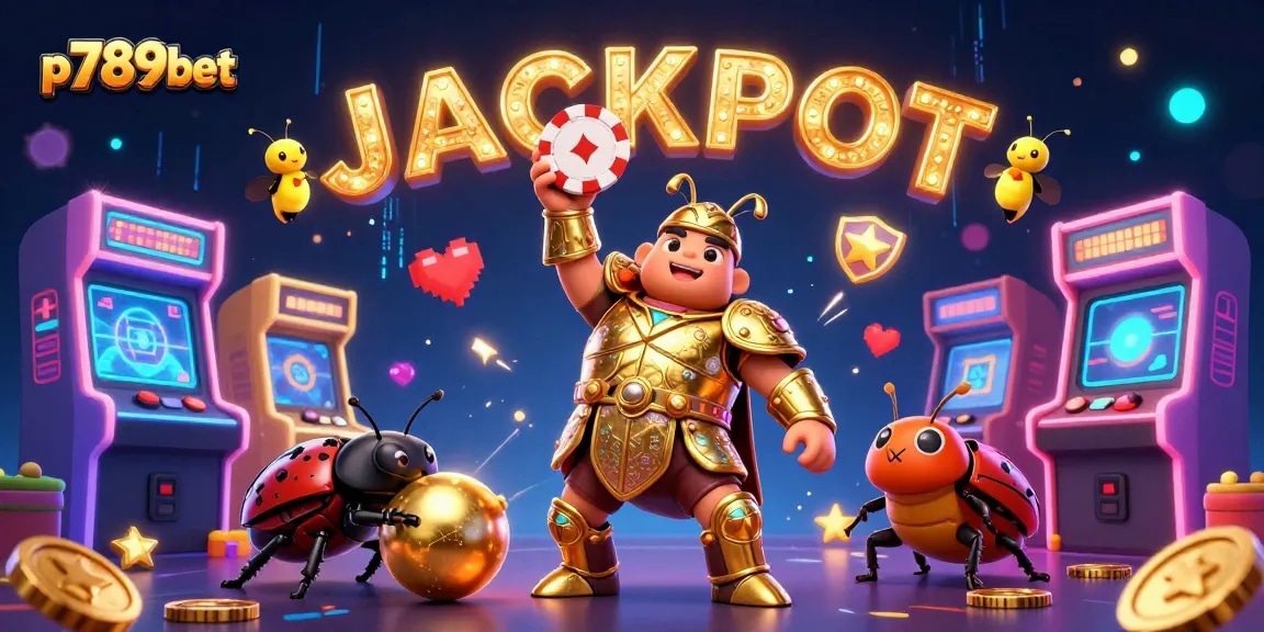 Cảnh tượng sống động của p789bet với bọ hung trong áo giáp vàng tạo thế chiến thắng, bên cạnh bọ phân, thể hiện không khí mát mẻ của trò chơi casino.