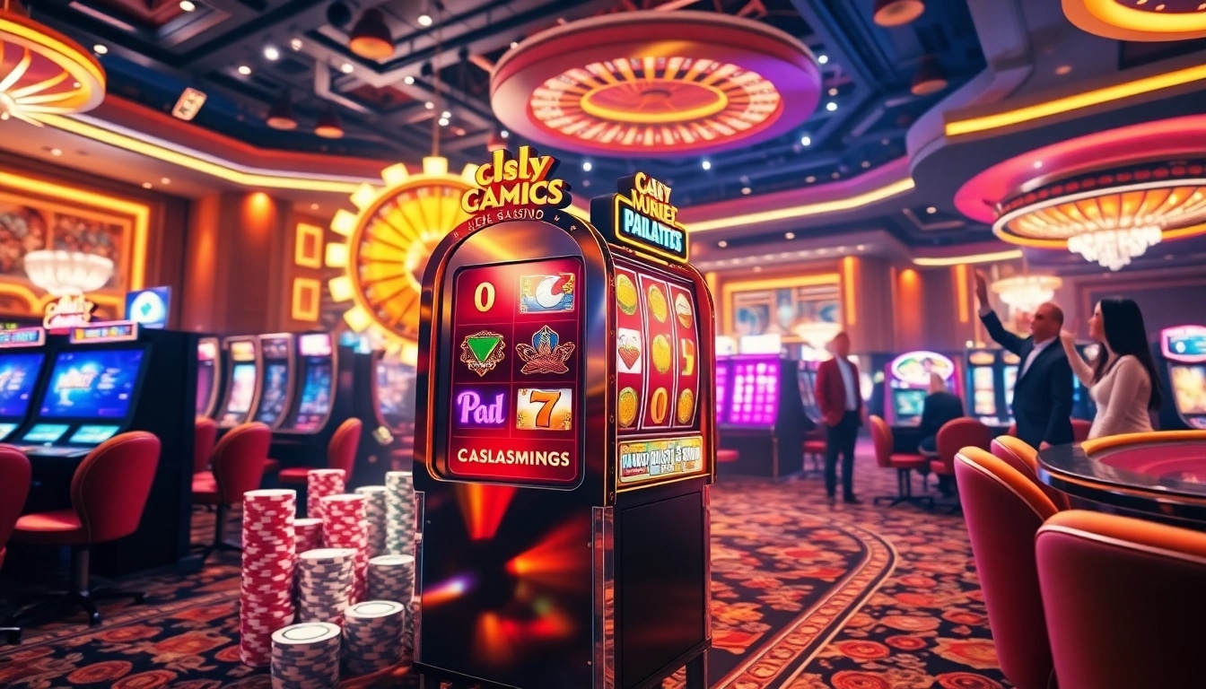 Play a thrilling pragmatic slot machine in a lively casino setting with poker chips and a roulette wheel.