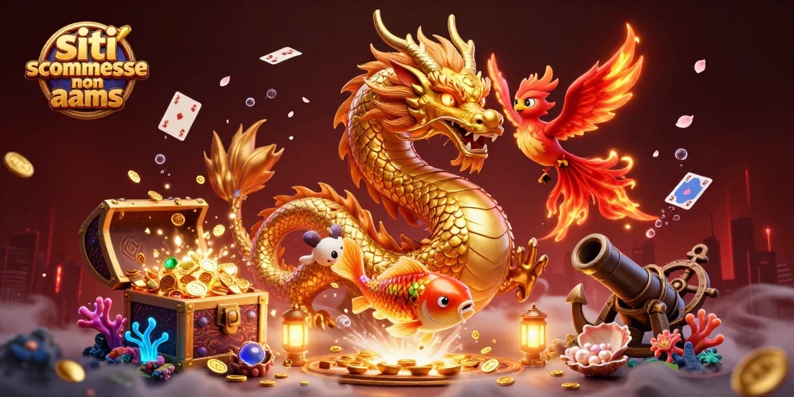 Scopri i siti scommesse non AAMS con un drago d'oro e un pesce di fortuna tra tesori e giochi.