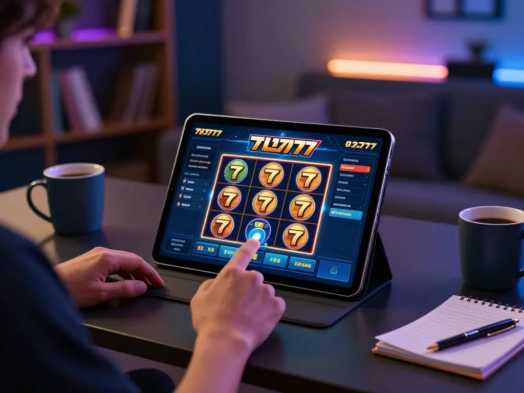 Engaging moment of a player preparing to spin on slot777 interface at home, emphasizing online gaming excitement.