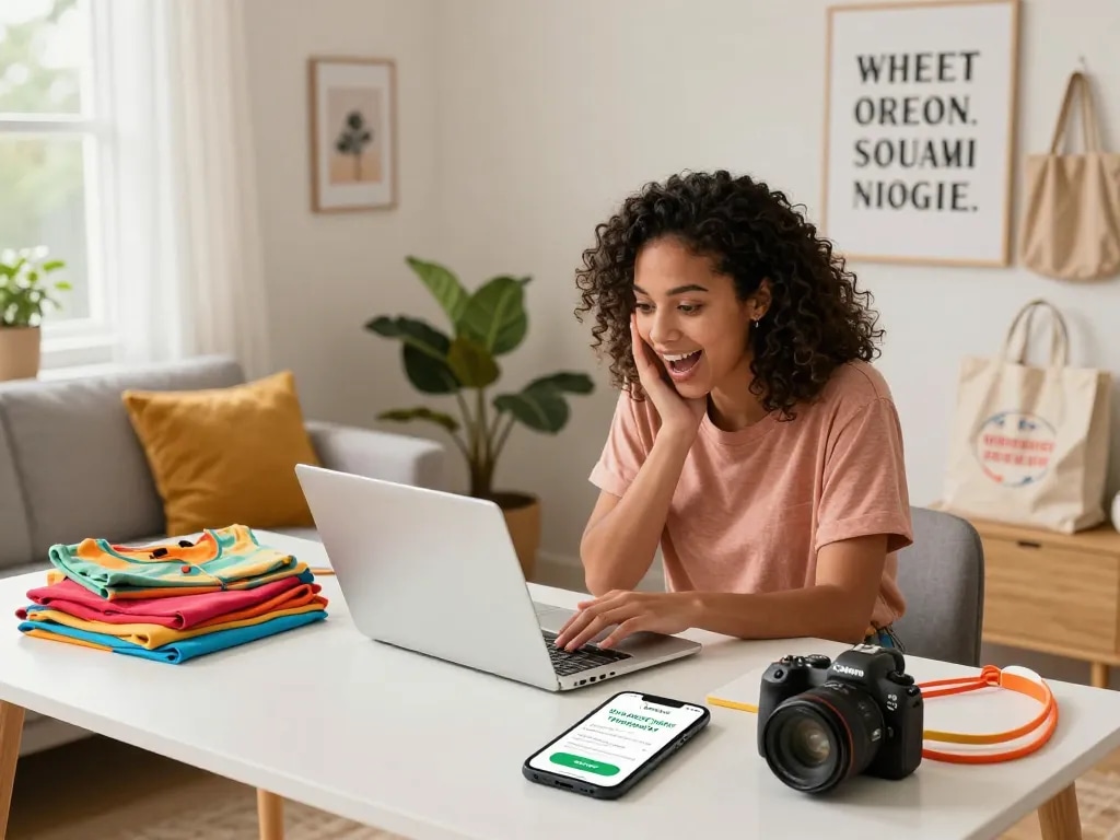 Excited woman browsing e-commerce products on a laptop at home, engaging with https://hubet88.icu/ and lifestyle elements.