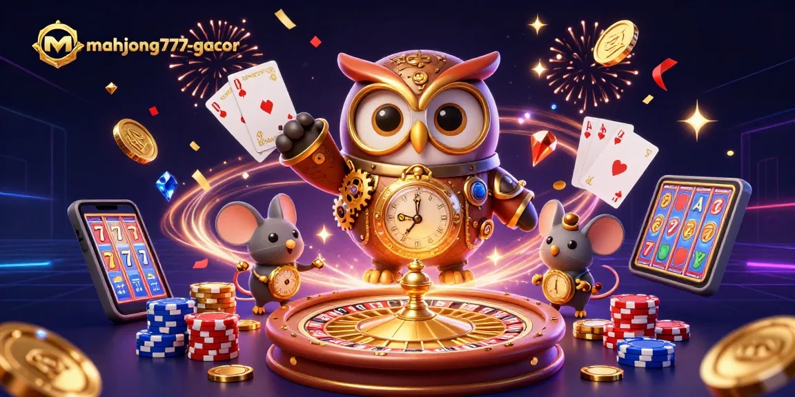 Engage with mahjong777-gacor through a vibrant 3D casino scene featuring dynamic characters and celebratory elements.
