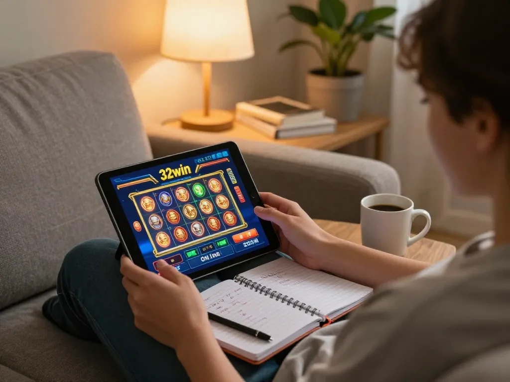 Engaging with 32win online casino slots on tablet at home, showcasing strategic betting notes and cozy atmosphere.