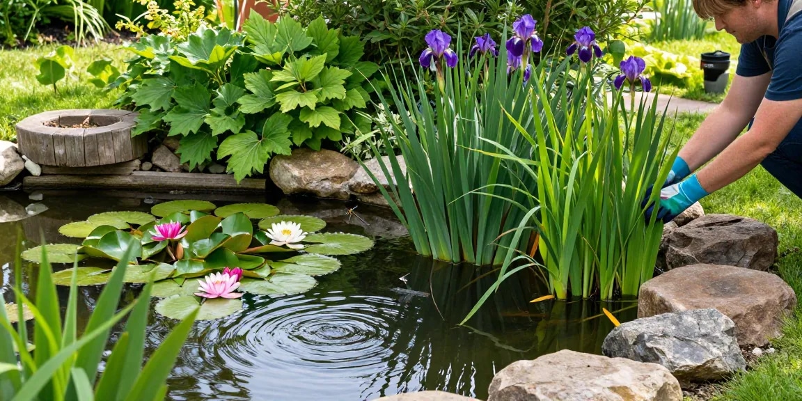 British Pond Plants in a serene garden pond with lush greenery and vibrant flowers.