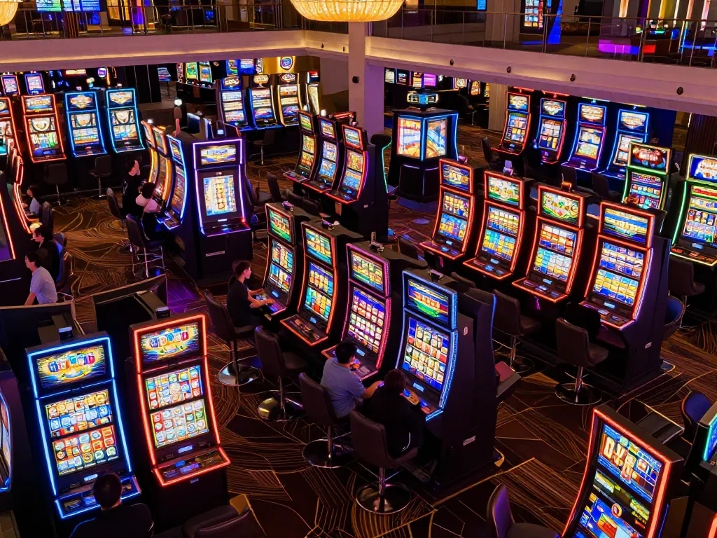 Engaging scene of players at slot gacor machines celebrating wins in a vibrant casino atmosphere.