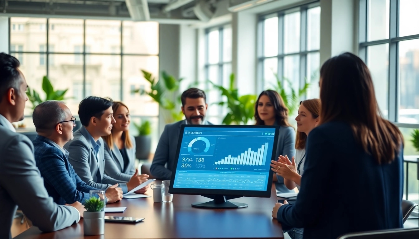 Engaging discussion among business professionals in a modern office setting.