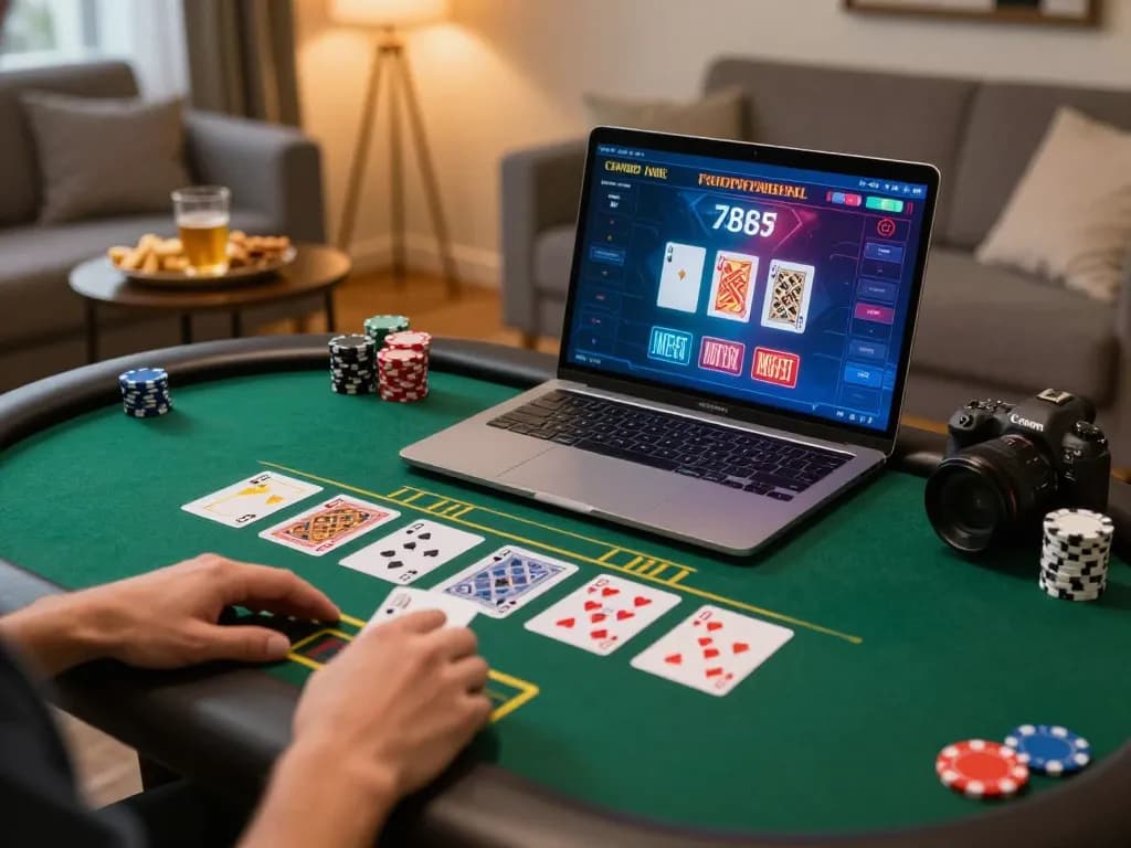 Engaging in a live dealer blackjack game online with vipwin at home, showcasing a winning hand and cozy setting.