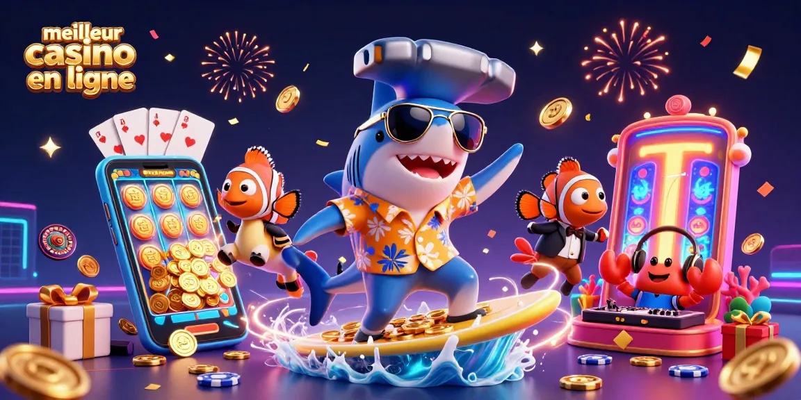 Découvrez le meilleur casino en ligne avec cette illustration colorée et festive, mettant en scène des personnages amusants et des éléments de jeu captivants.