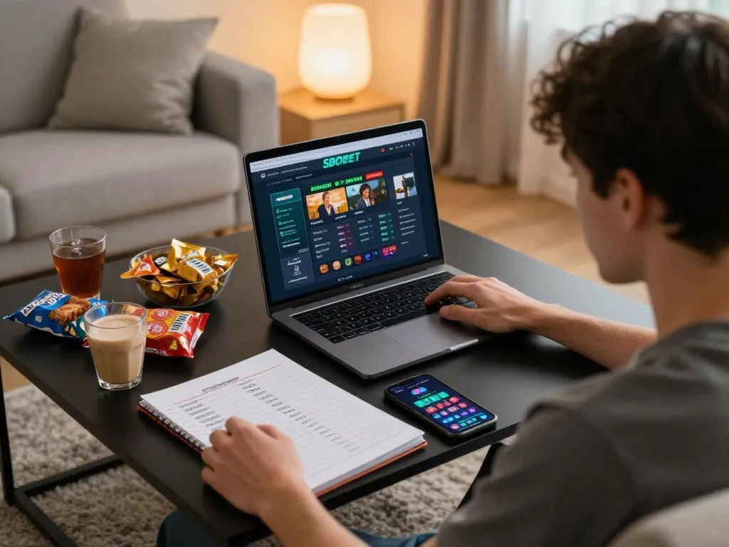 SBOBET user engaging in online betting on a laptop amidst cozy home surroundings, showcasing immersive gameplay.