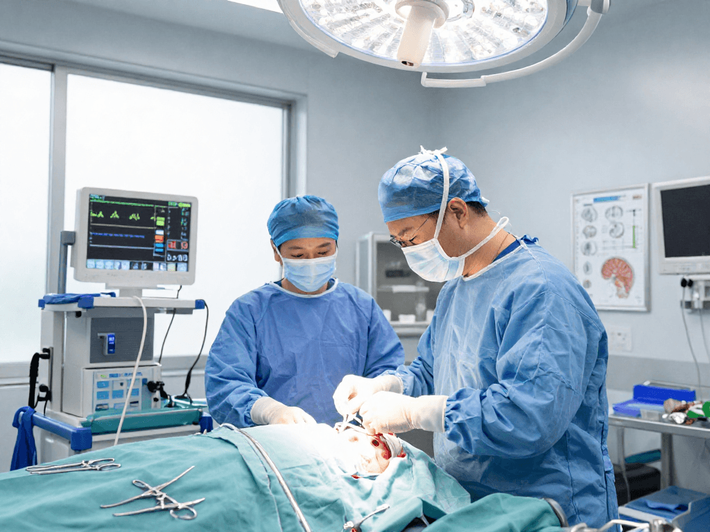 Brain tumor surgery scene depicting beyin tümörü ameliyatı preparation and teamwork in a sterile environment.