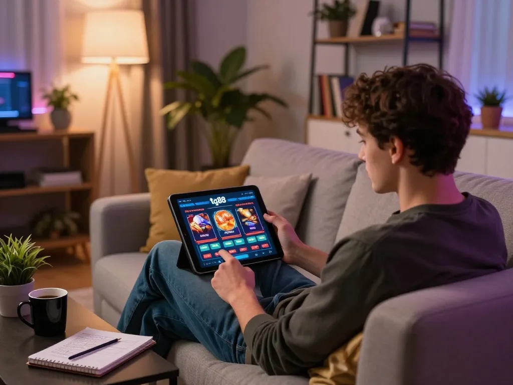 Player engaged with tg88 casino app, strategizing bets at home with warm ambiance.