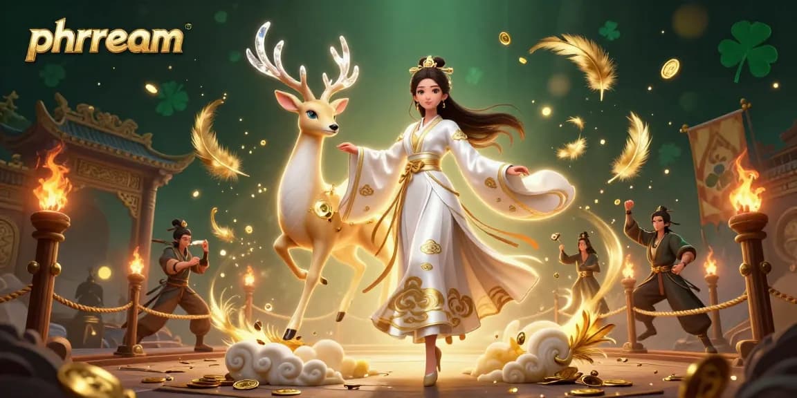 Phdream's vibrant casino scene showcasing a serene Asian woman in hanfu amidst gaming elements.