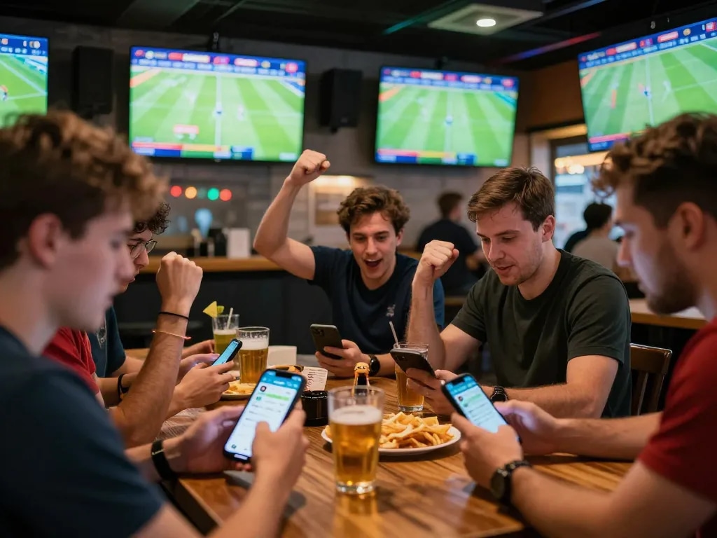 Fans engaging with Cakhia as they place bets on mobile devices during a lively sports event.