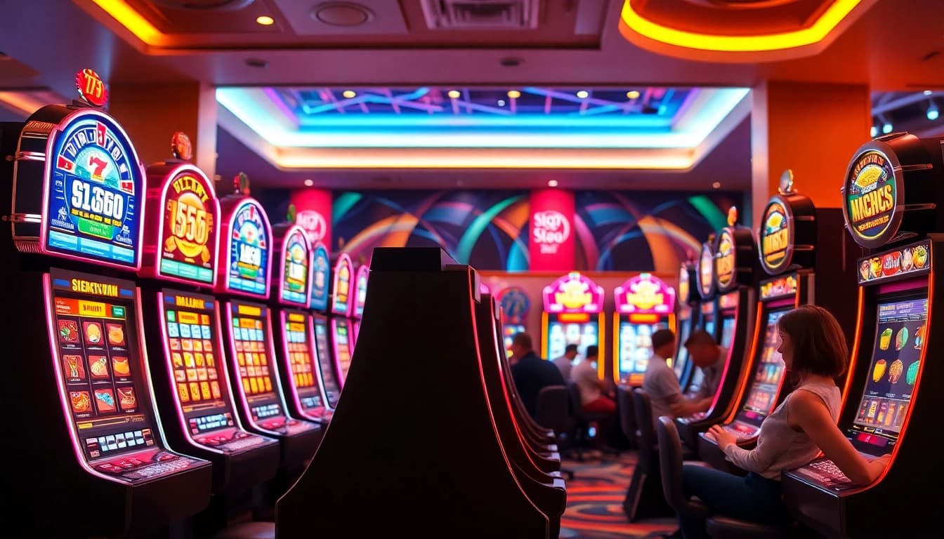 Slot depo 5k dengan mesin slot yang berwarna-warni dalam suasana kasino yang enerjik.