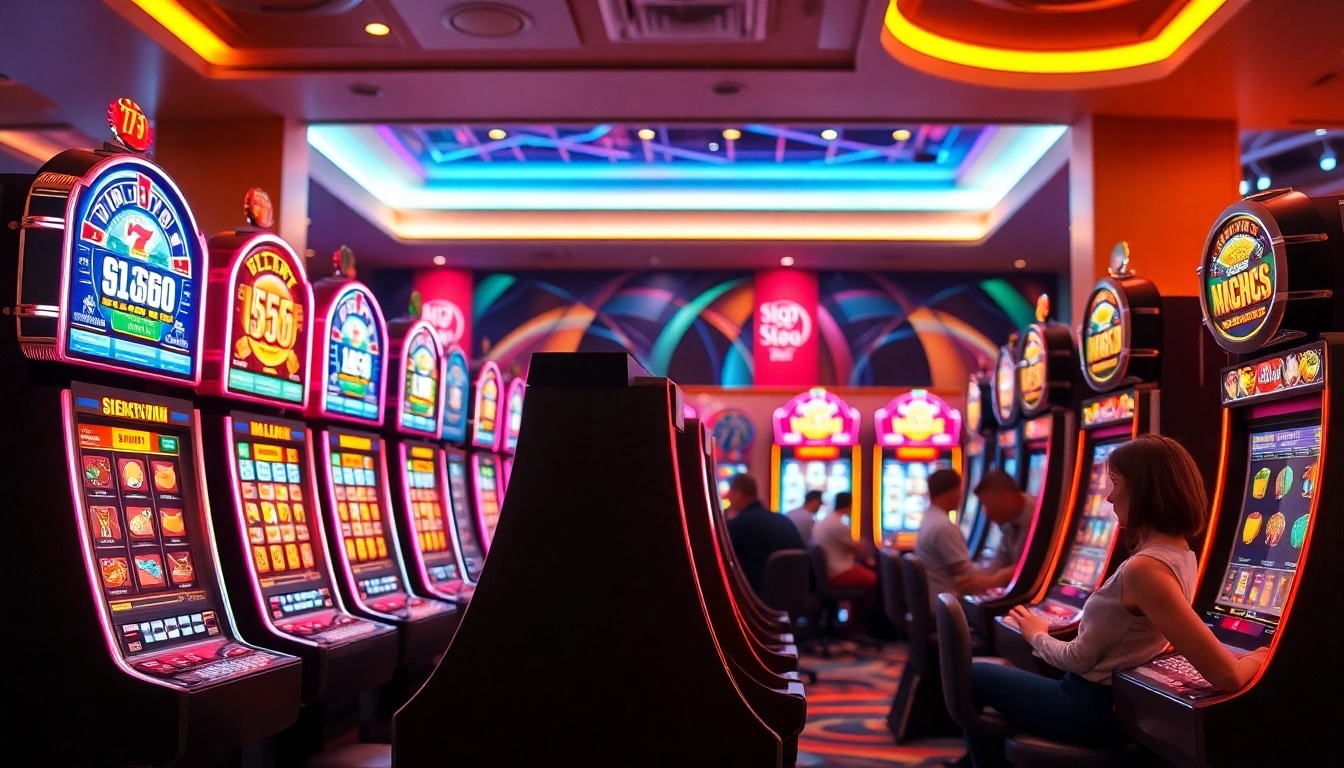 Slot depo 5k dengan mesin slot yang berwarna-warni dalam suasana kasino yang enerjik.