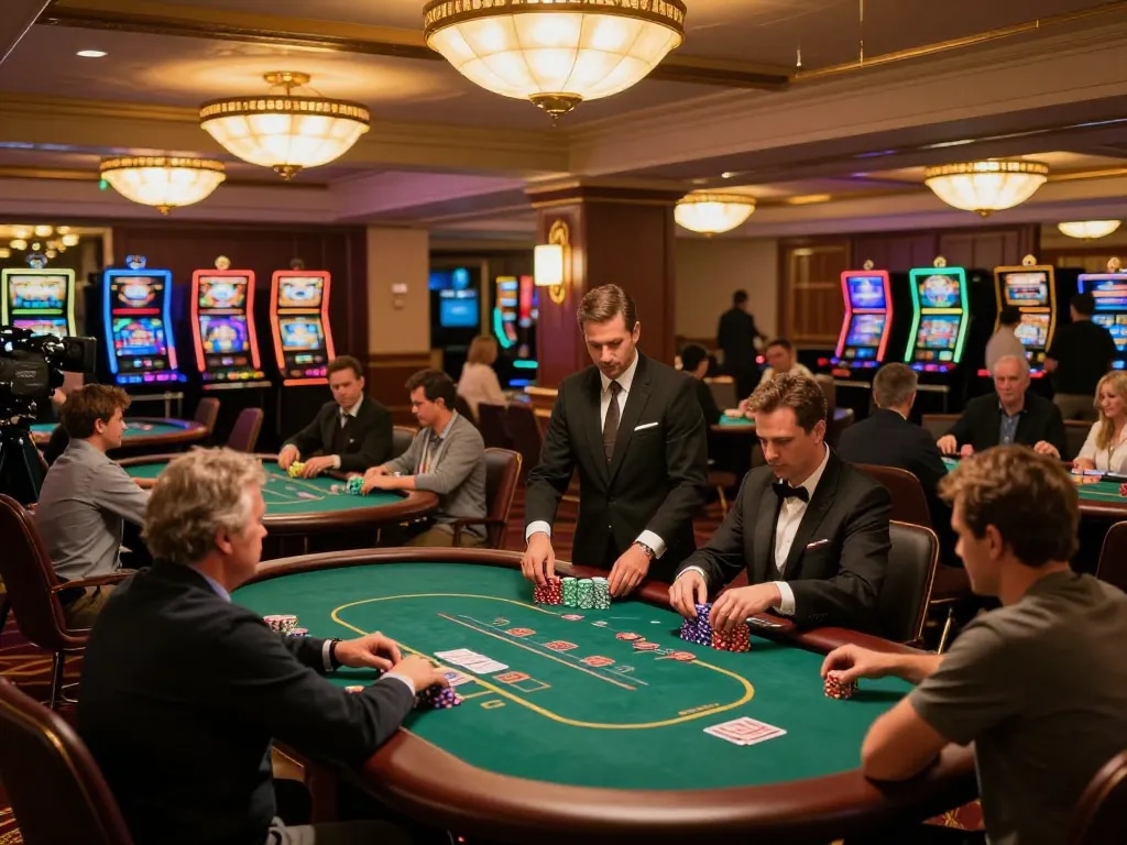 Players enjoying high-stakes games at FAFA828's luxurious casino floor, lively atmosphere.