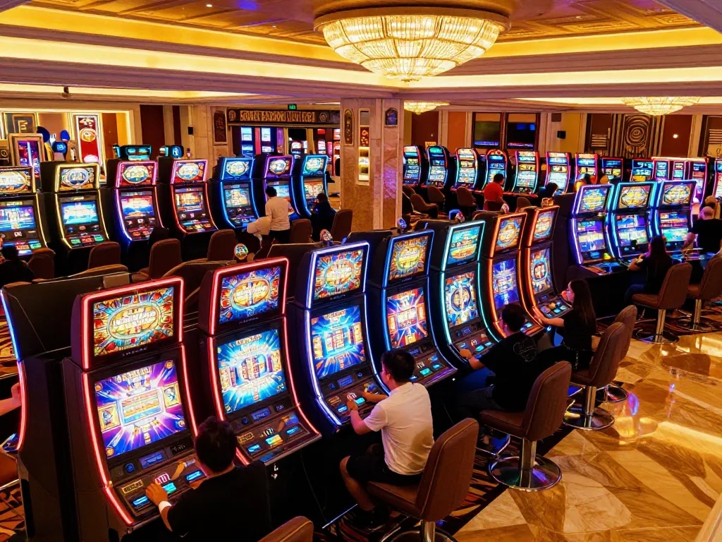 Excited players engaging with colorful slot machines in a luxury casino, showcasing the dynamic gaming atmosphere and link w18
