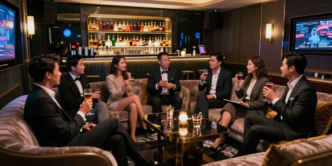 강남쩜오에서 고급스러운 분위기 속에 즐거운 대화를 나누는 그룹