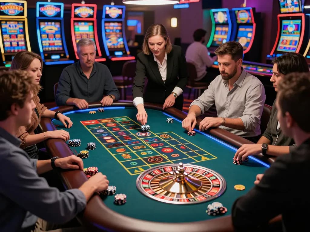 Engaging scene of roulette gameplay at okwin casino, featuring players placing bets with excitement.