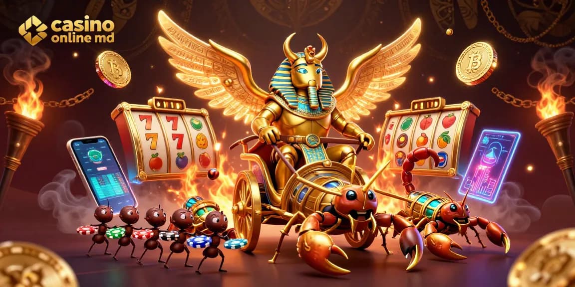 Joacă la casino online md cu un scarabeu glorios și simboluri de fructe pe fundal de lux.