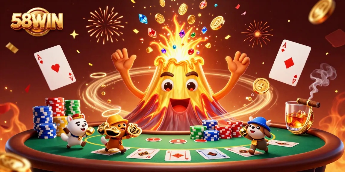 Engage with the vibrant 58WIN casino experience featuring a dynamic volcano and thrilling poker elements.