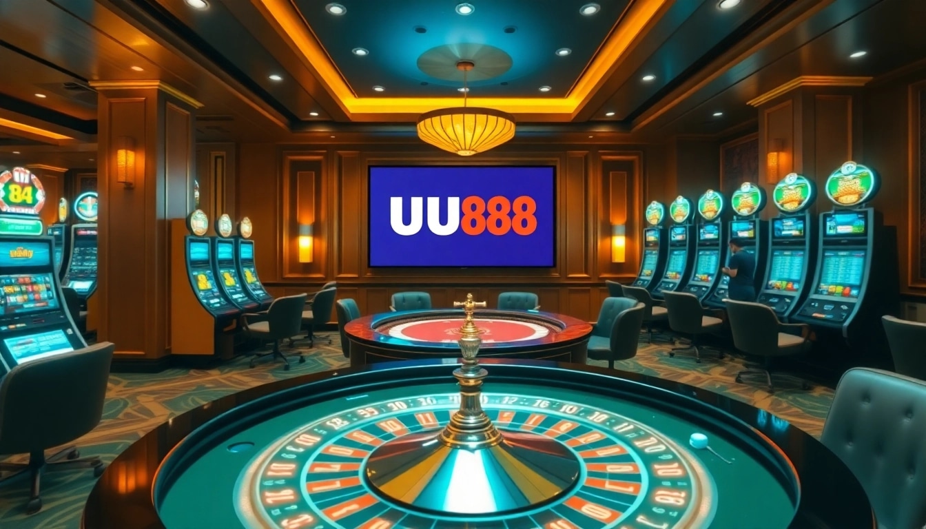 Engaging UU88 casino scene with roulette, poker chips, and digital displays enhancing the thrill.
