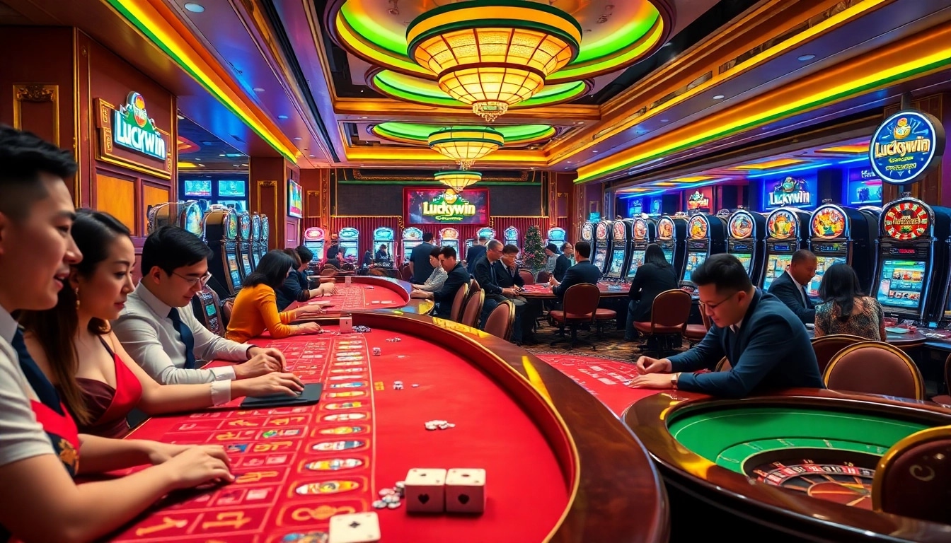 Players enjoying a lively game at Luckywin casino with vibrant tables and slot machines.