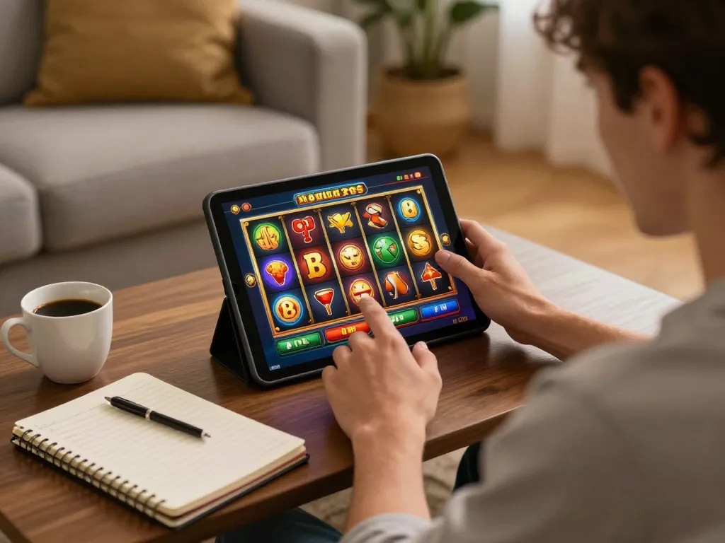 Suspenseful slot gaming action at home featuring situs slot bet 200 player engaging on a tablet with spirited excitement.