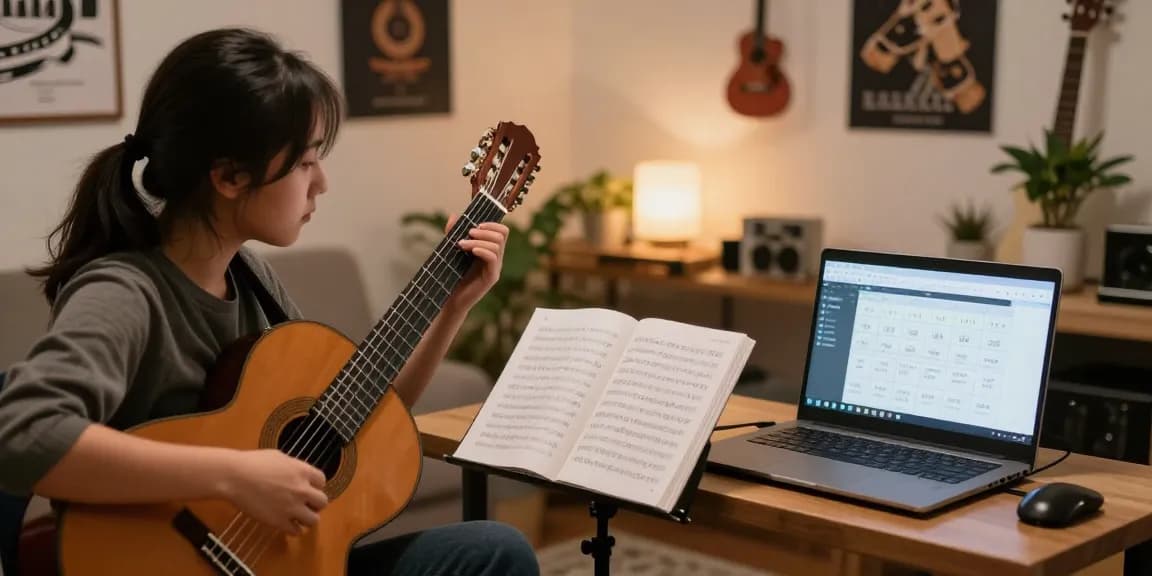 Engaging online classical guitar lessons online with a certified guitarist demonstrating techniques to a student.