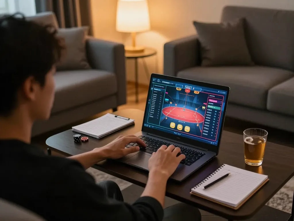 Luck8 player engaged in strategic online poker gameplay from a cozy home setup.