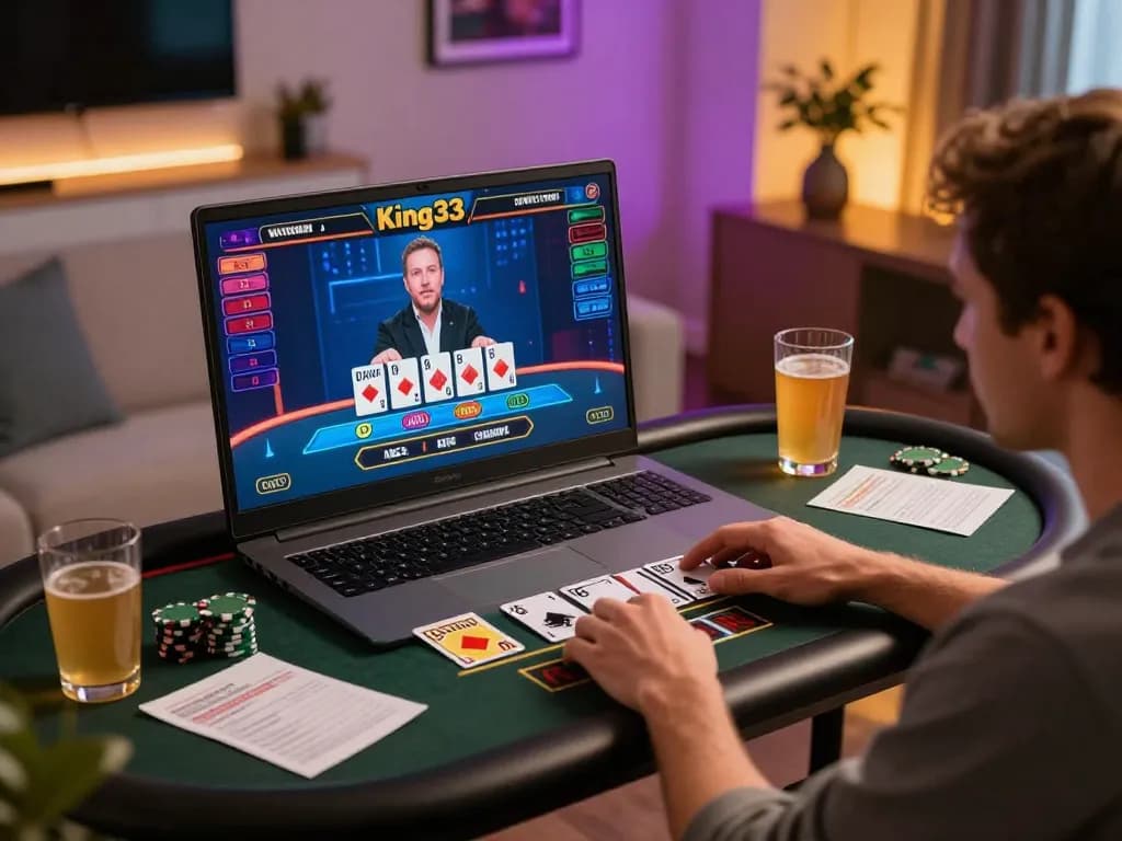 Engaging in king33's live dealer games from a stylish home setup, showcasing online casino gaming.