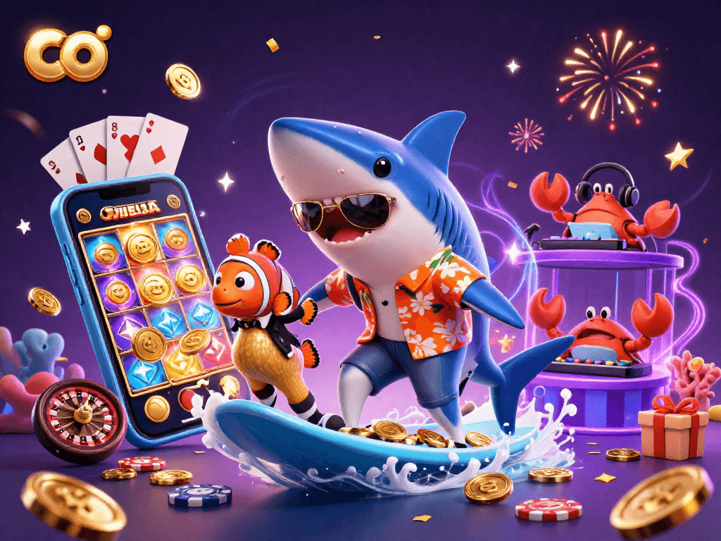 Join the thrill of co with a dynamic 3D casino scene featuring a playful shark amidst gold coins.