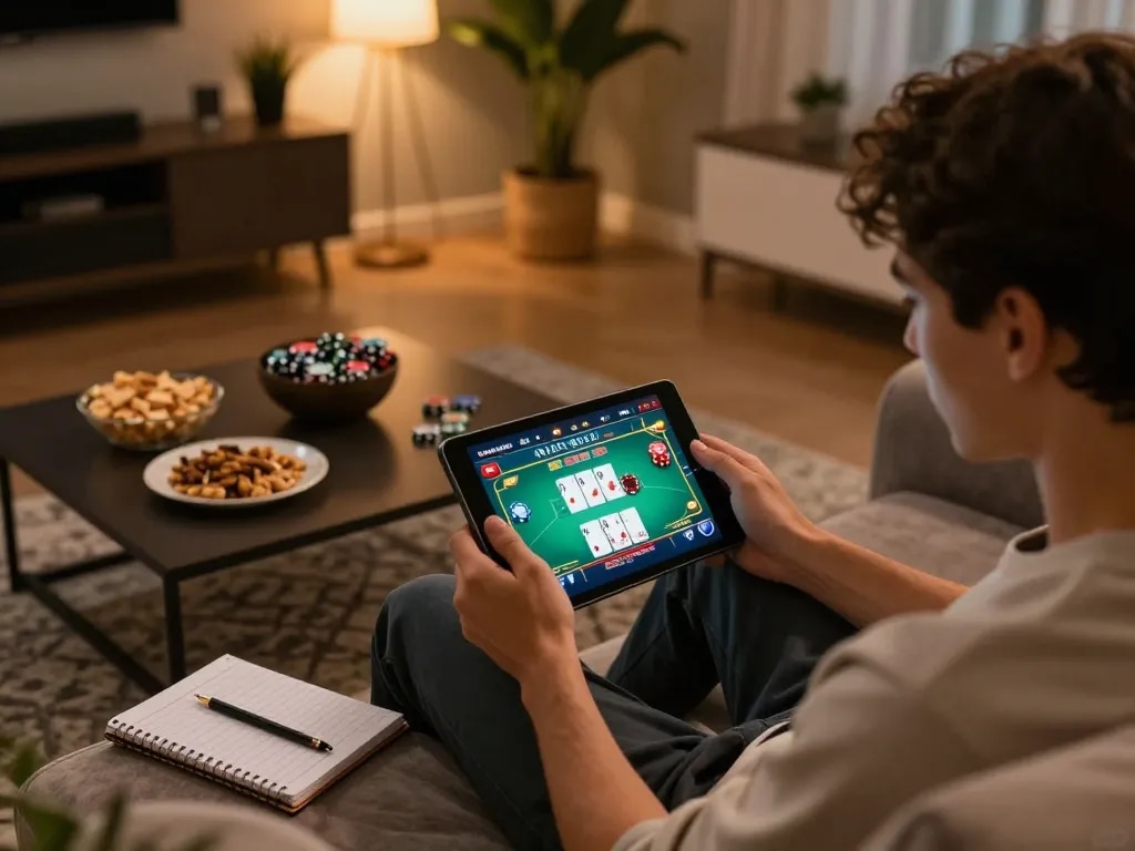 Engaging gaming scene showing link vào MM88 an toàn on a tablet, player focused on poker game with cozy home setup.