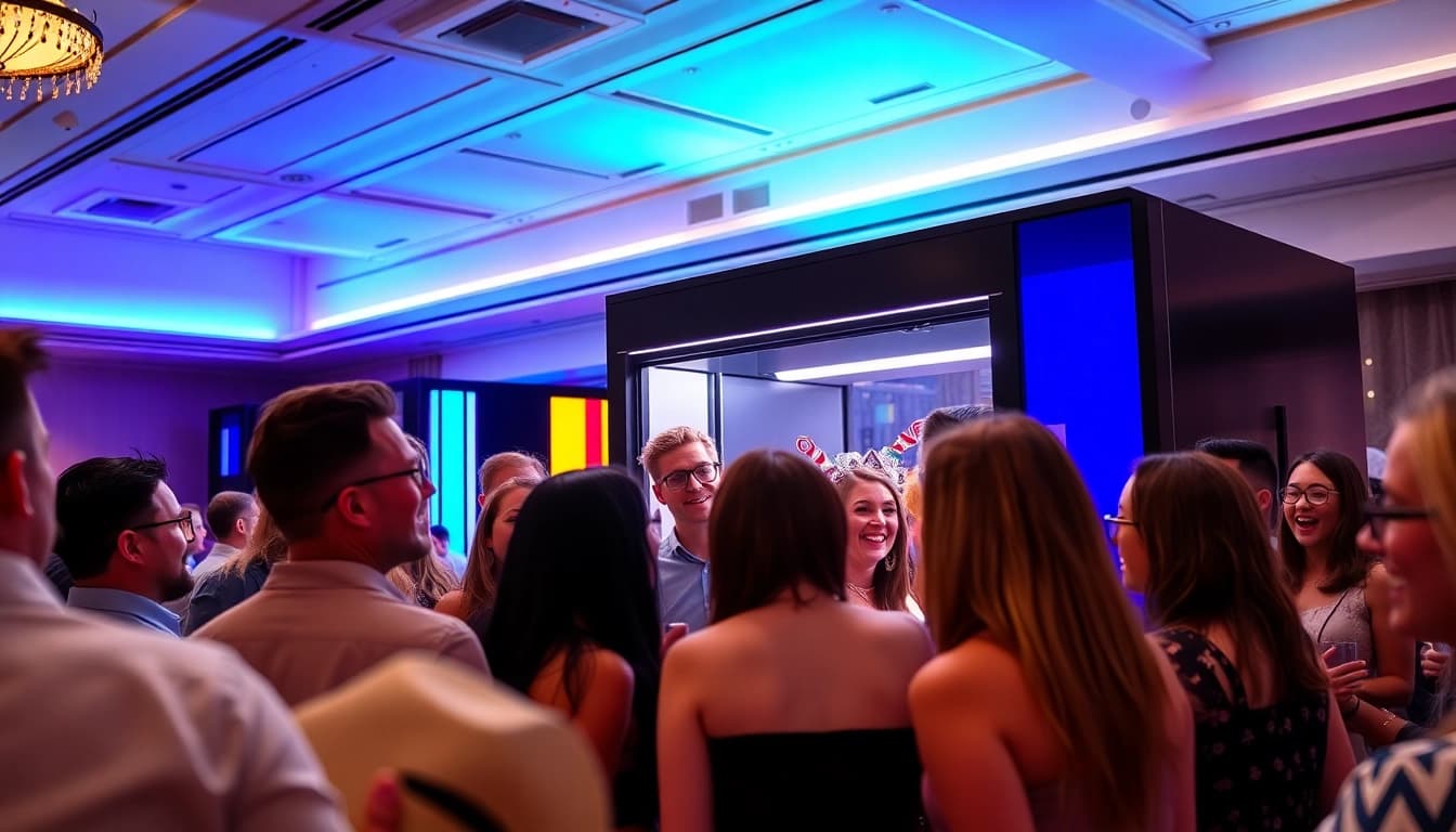 Guests enjoying a photo booth chicago experience at a lively event with vibrant props.