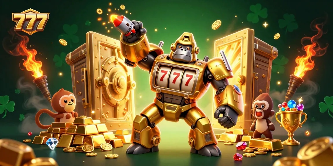 Engage in 777-themed slot adventures with a golden gorilla mech, surrounded by treasures.