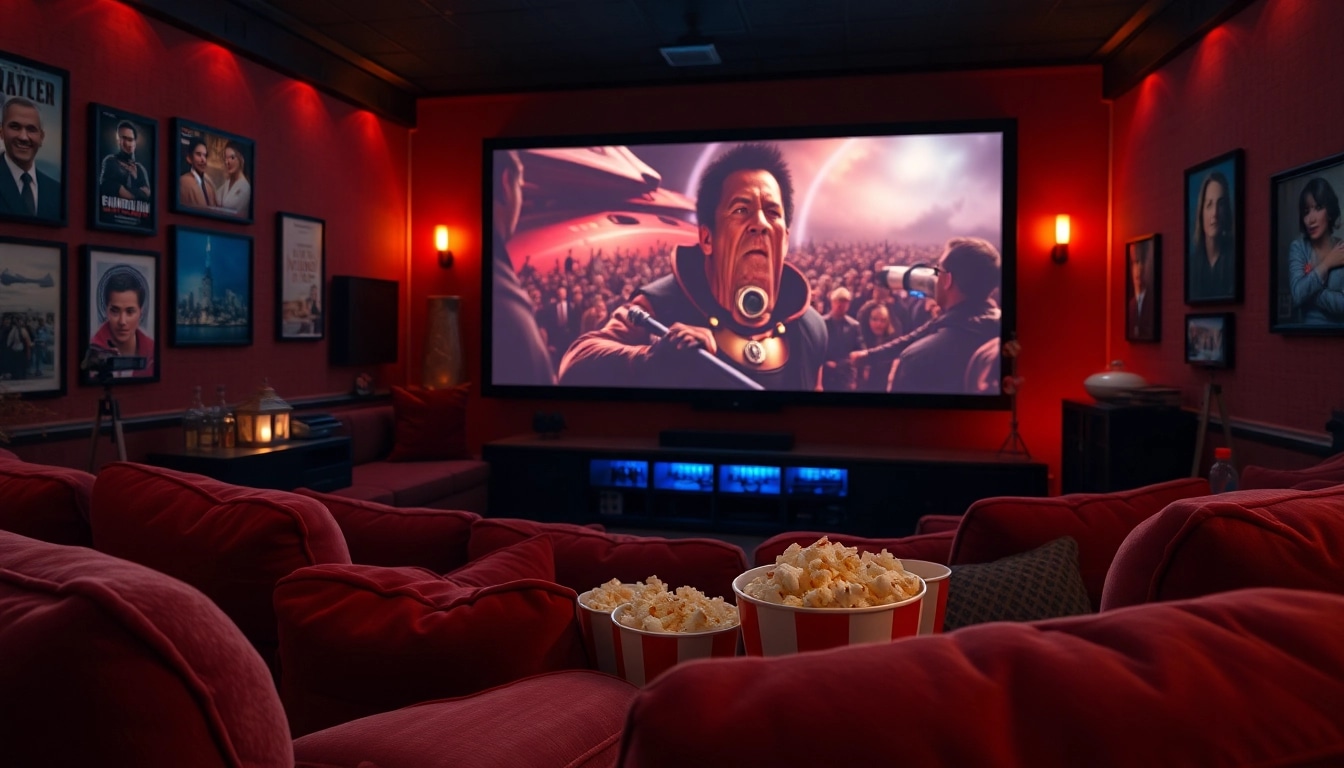 Experience ดูหนังออนไลน์ in a cozy home theater with vibrant movie scenes and plush seating.