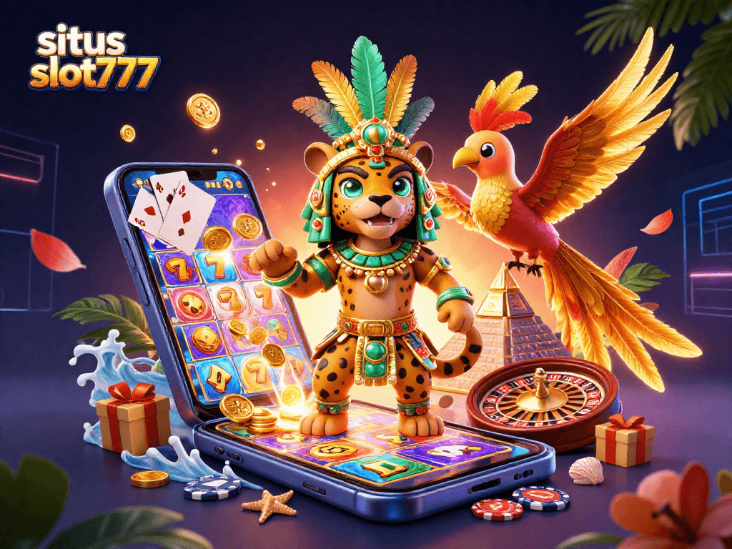 Experience gaming excitement with situs slot777 featuring dynamic elements like golden coins and colorful slot games.