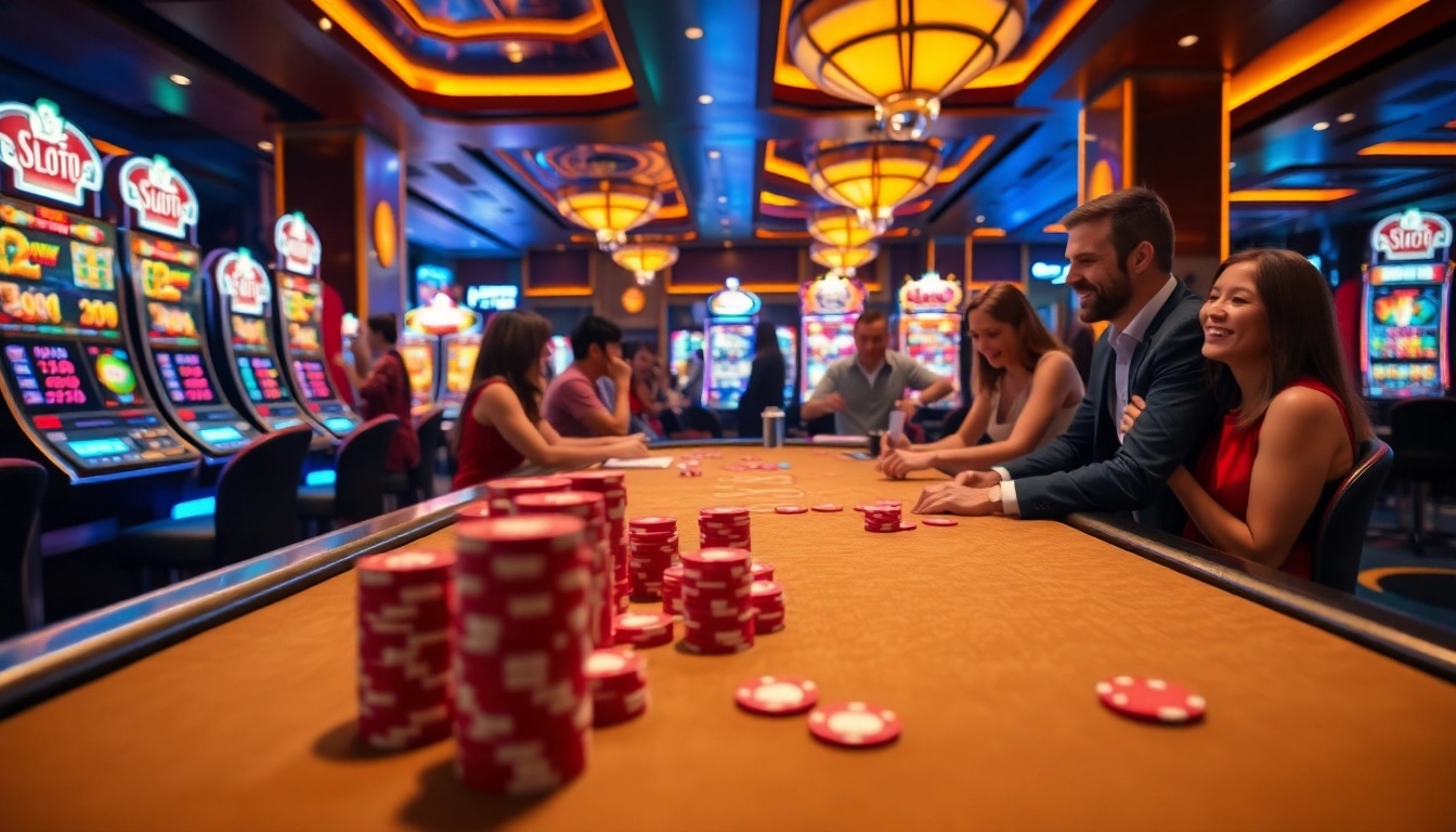 SLOT88 gaming table with vibrant chips and cards in a luxurious casino setting.