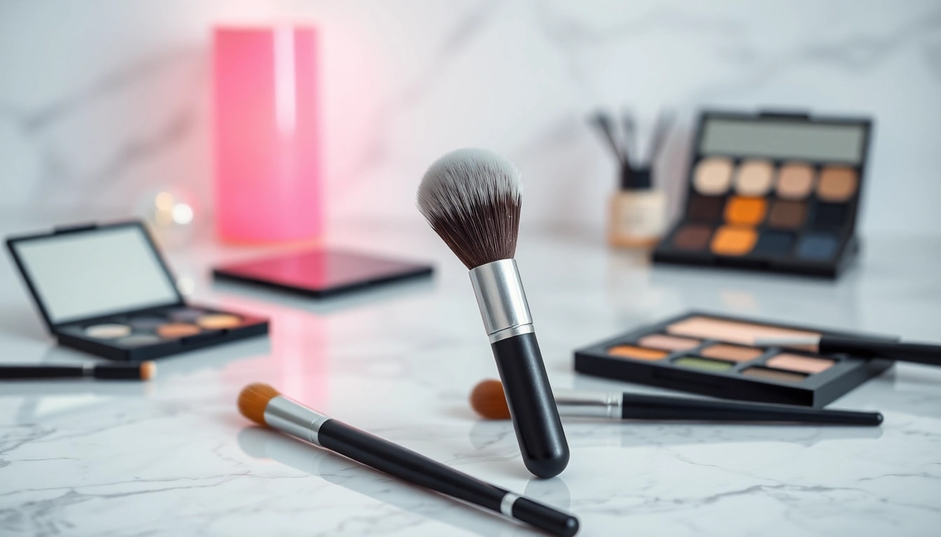 Applying eyeshadow with an angled makeup brush on a stylish marble countertop