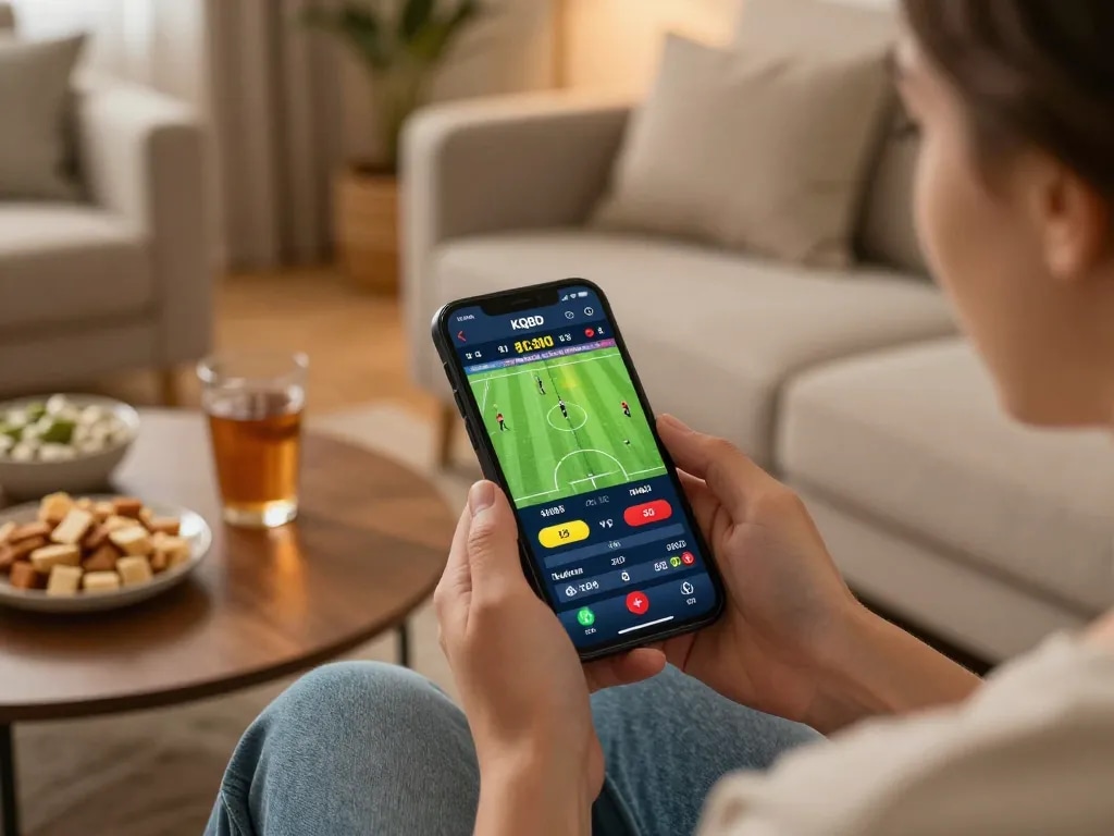 KQBD active live betting session with smartphone displaying real-time scores during a football match