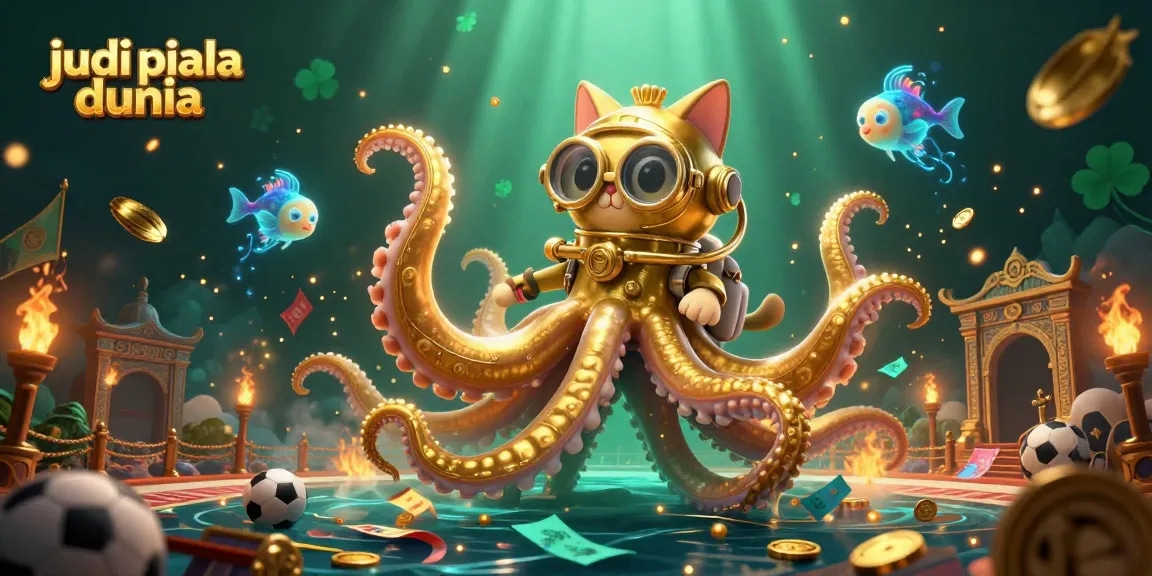 Experience judi piala dunia in a vibrant illustration featuring a kraken and diving cat.