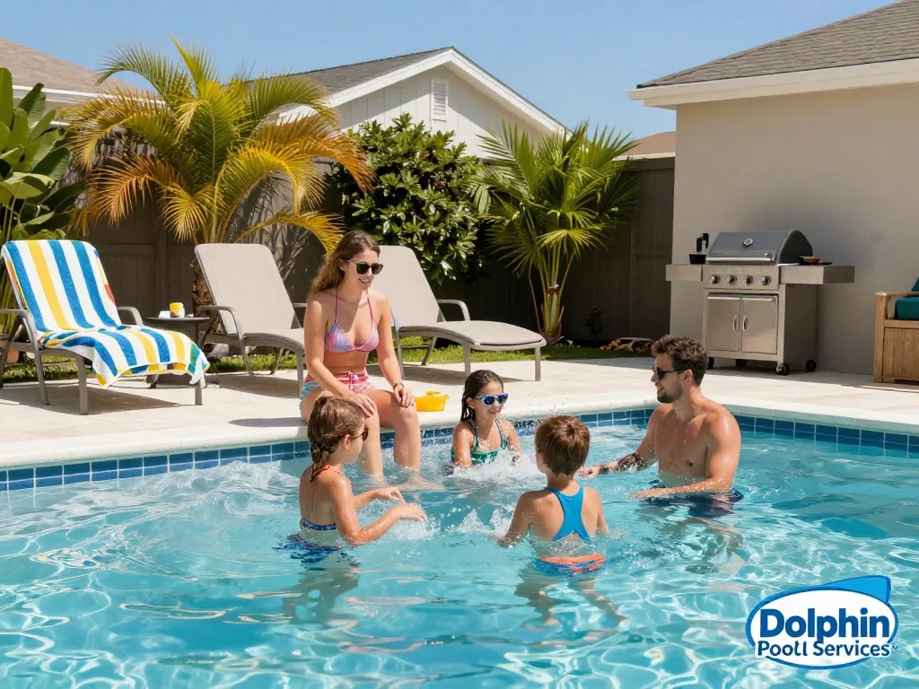 Dolphin Pool Services enhancing family fun with a well-maintained backyard pool, children splashing and parents supervising.